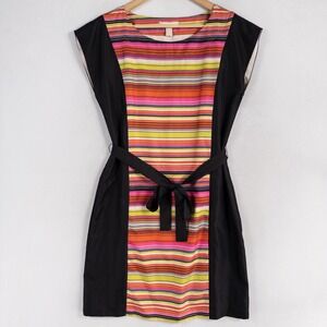 Banana Republic Dress Sz 10 Black Multi Stripe Sheath Sleeveless Belted Career